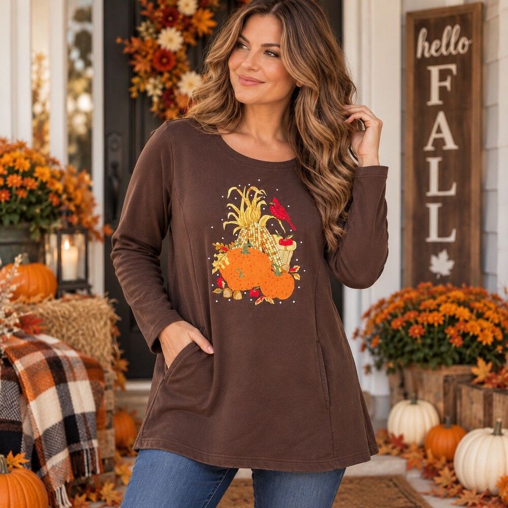 Quacker Factory Jeanne Bice Fall Harvest Pumpkin Cardinal Embroidered Tunic XL